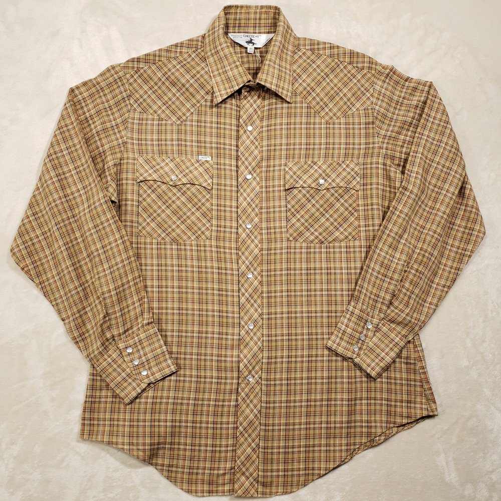 Chute #1 Western Shirt Mens 15.5 34/35 Tan Plaid Pearl Snap Long Sleeve Cowboy